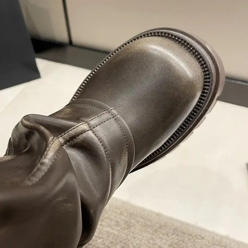 Combat Buckle-Detail Square-Toe Knee-High Boots