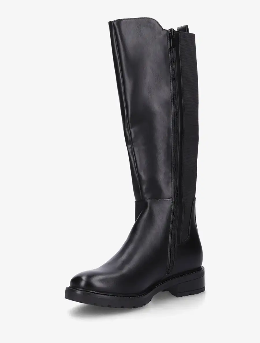 Refined Stretch Panel Lug Sole Block Heel Faux Leather Knee High Boots
