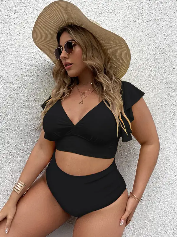 Plus Size Falbala V Neck Bikini Swim Set