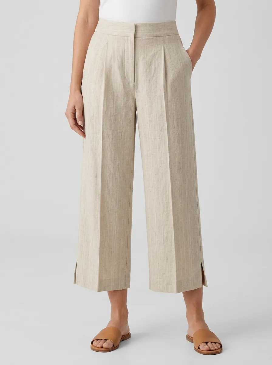 Comfort Linen Blend Pleated Detail Essential Women's Cropped Pants
