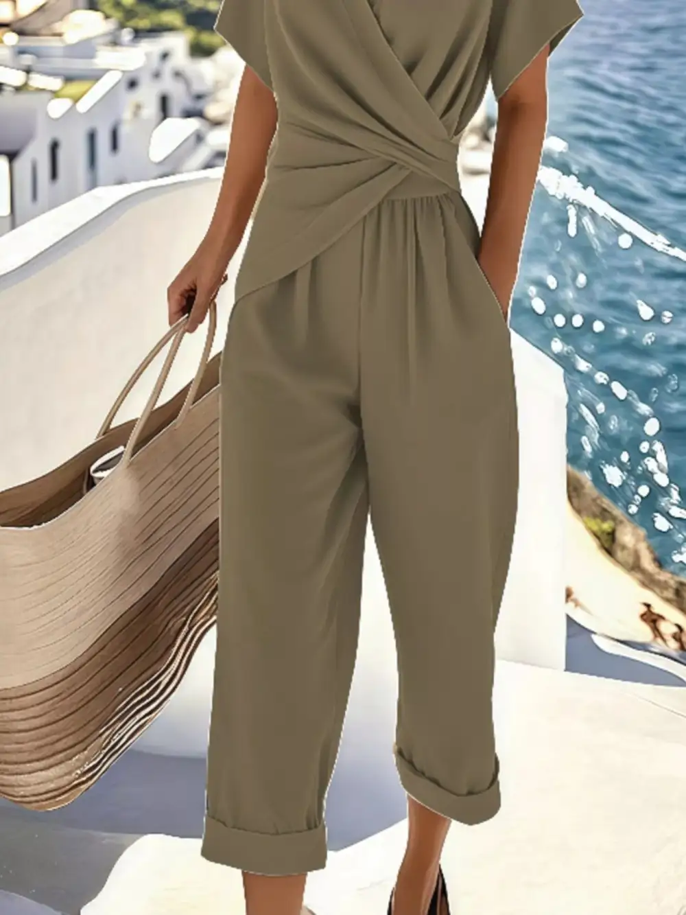Full Size Twist Front V Neck Top and Pants Set Plus Size