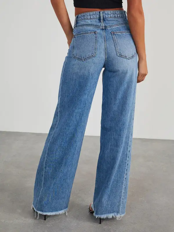 Wide Leg Frayed Hem Seam Denim Jeans