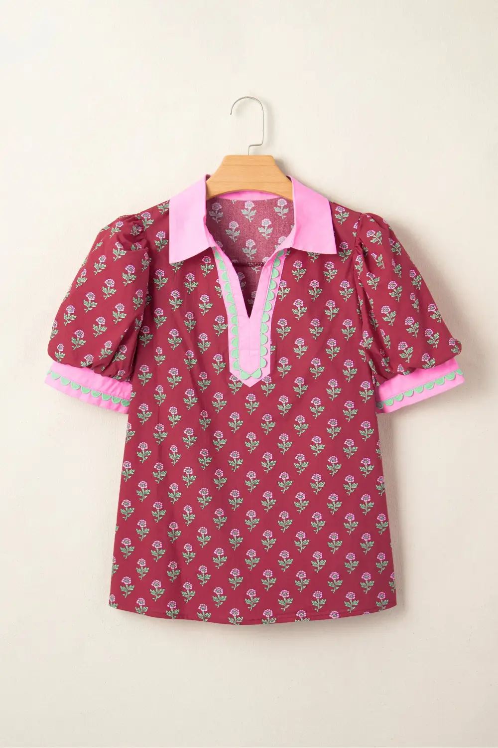 Red Contrast Collared V Neck Ricrac Trim Short Puff Sleeve Flower Blouse
