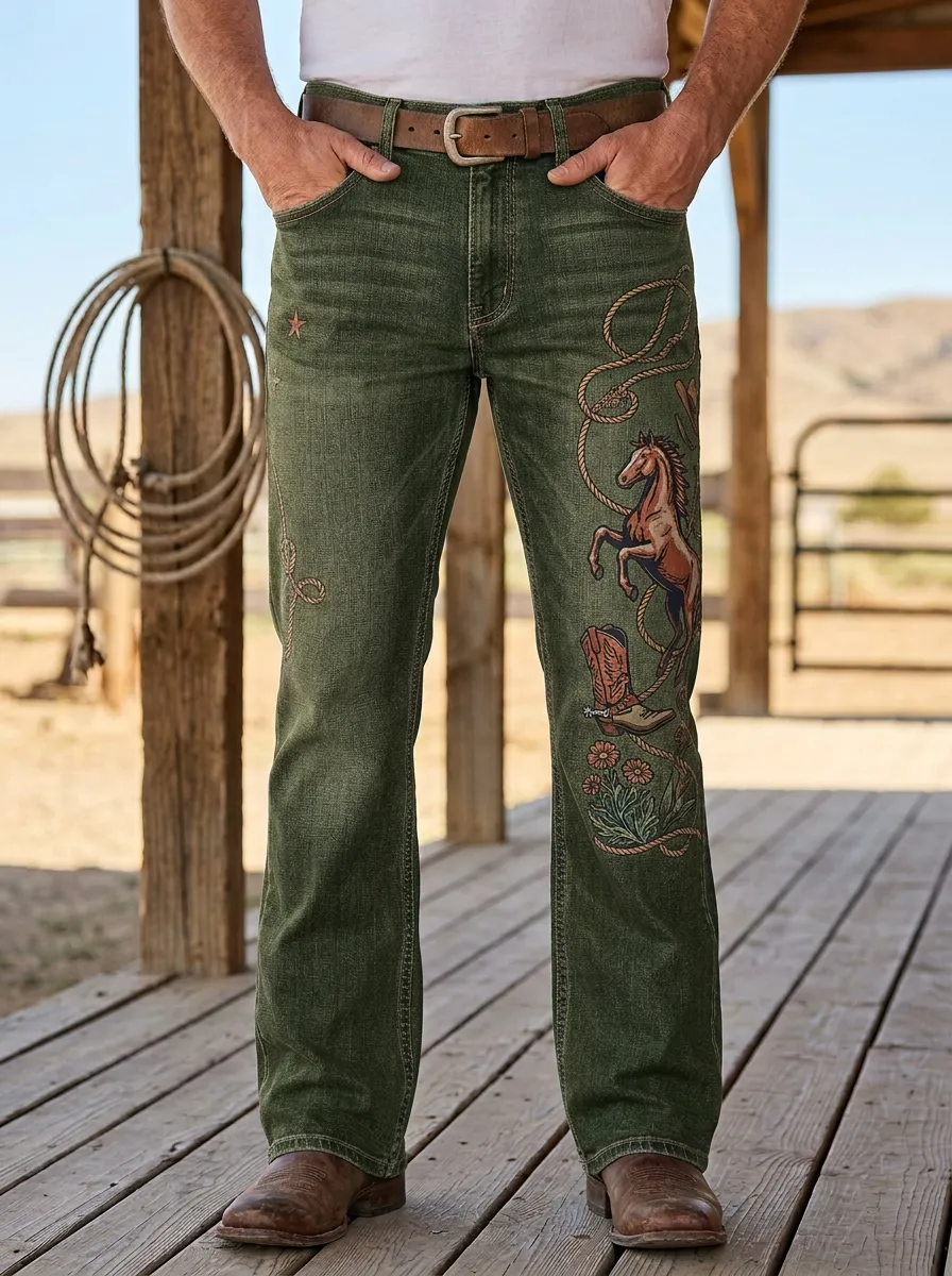 Men's Western Medium Wash Western Graphic Straight-Leg Jeans
