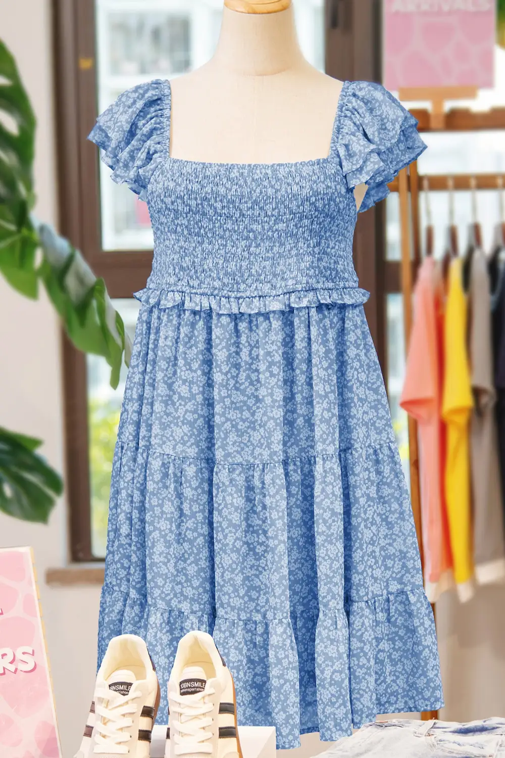 Layered Detail Floral Printed Square Neck Mini Dress