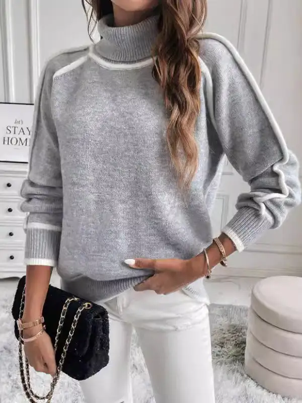 Paneled High Neck Long Sleeve Relaxed Fit Sweater