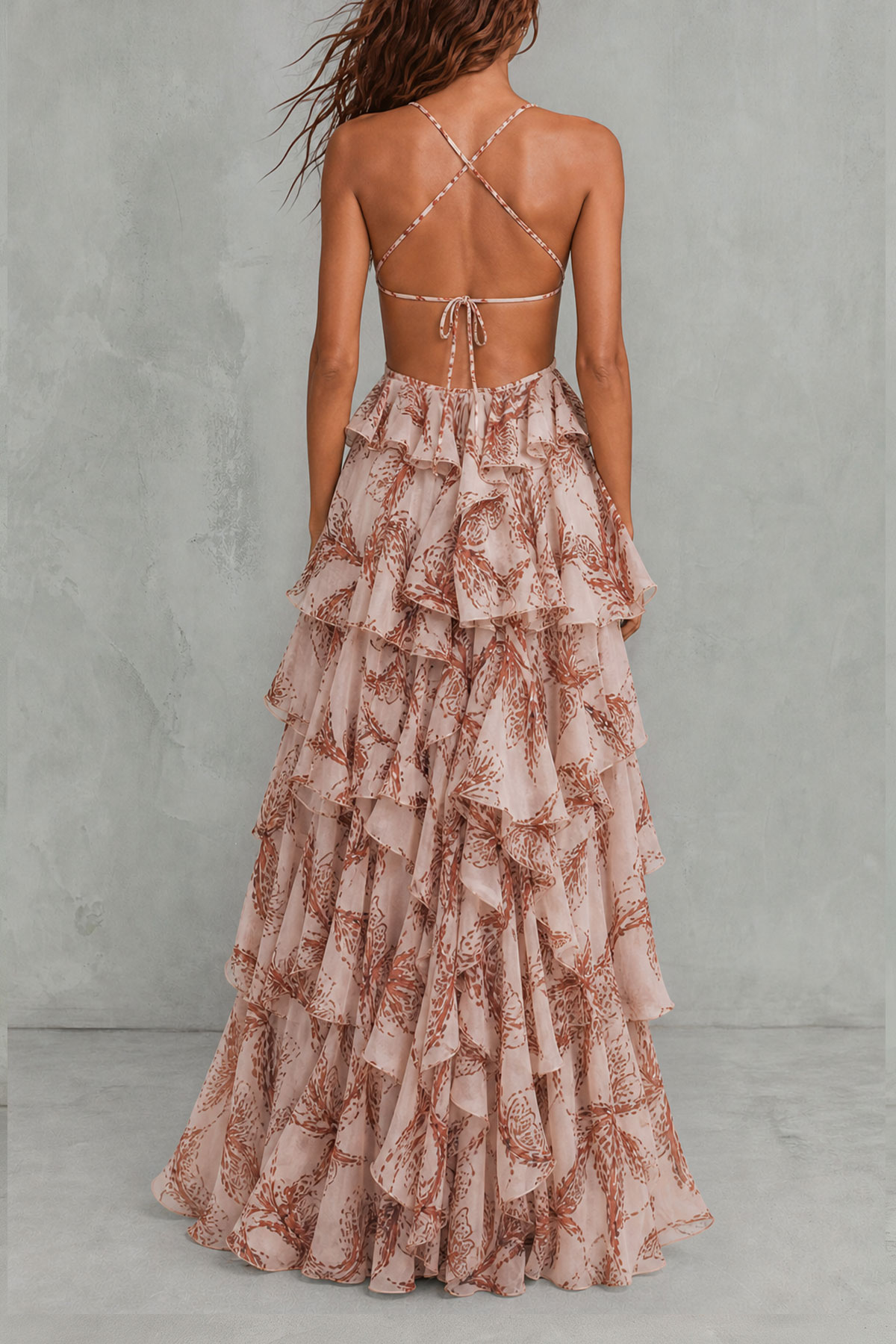 Ruffle Floral Butterfly Print Maxi Dress