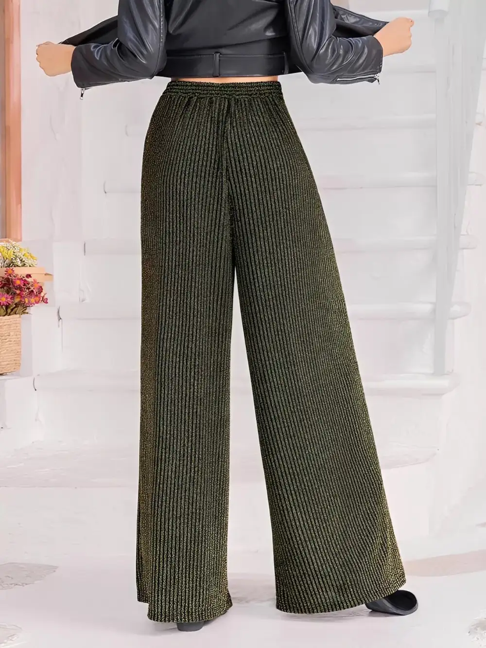Wide Leg High Waist Striped Drawstring Pants