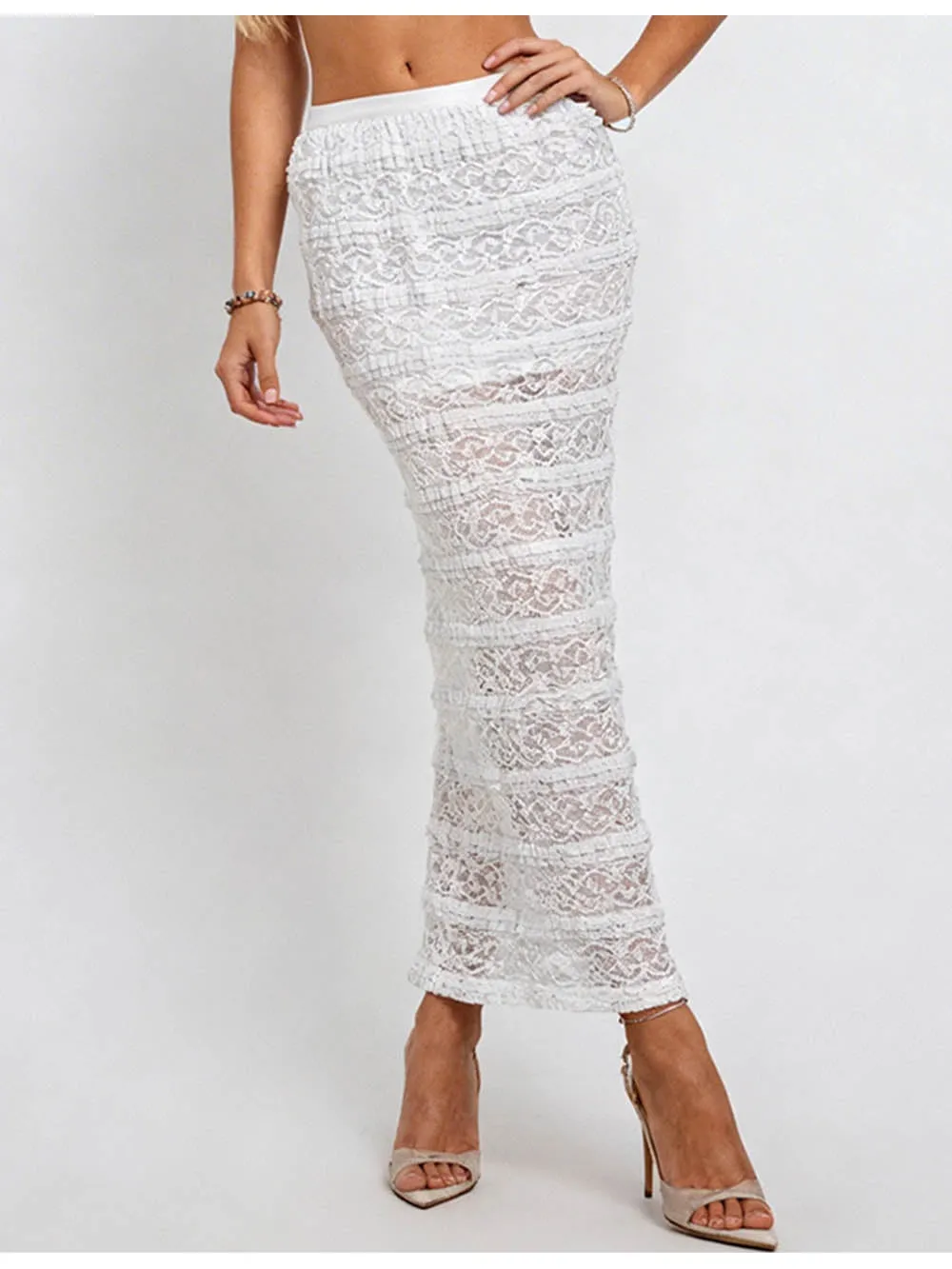 Tiered Ruffle Metallic Thread Trim Sheer Lace Maxi Skirt