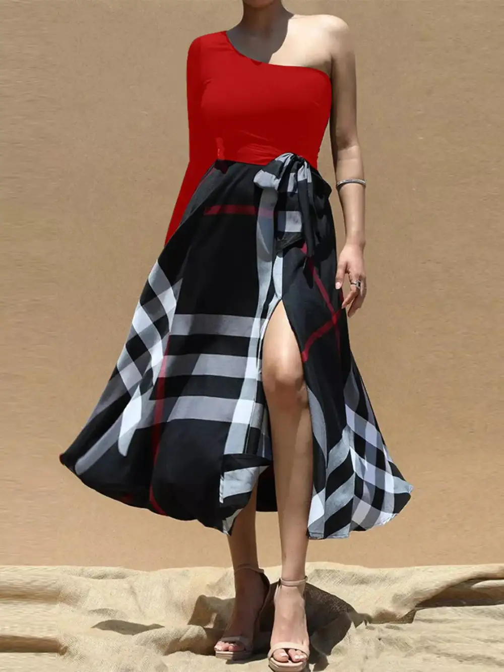 Asymmetrical One-Sleeve Midi Dress with Waist Tie