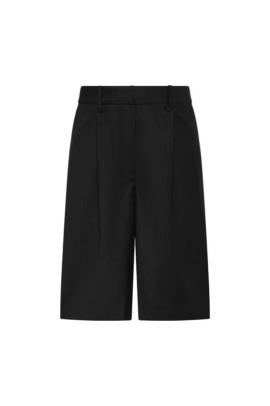 Black with Blue Pinstripe Pleated Bermuda Shorts