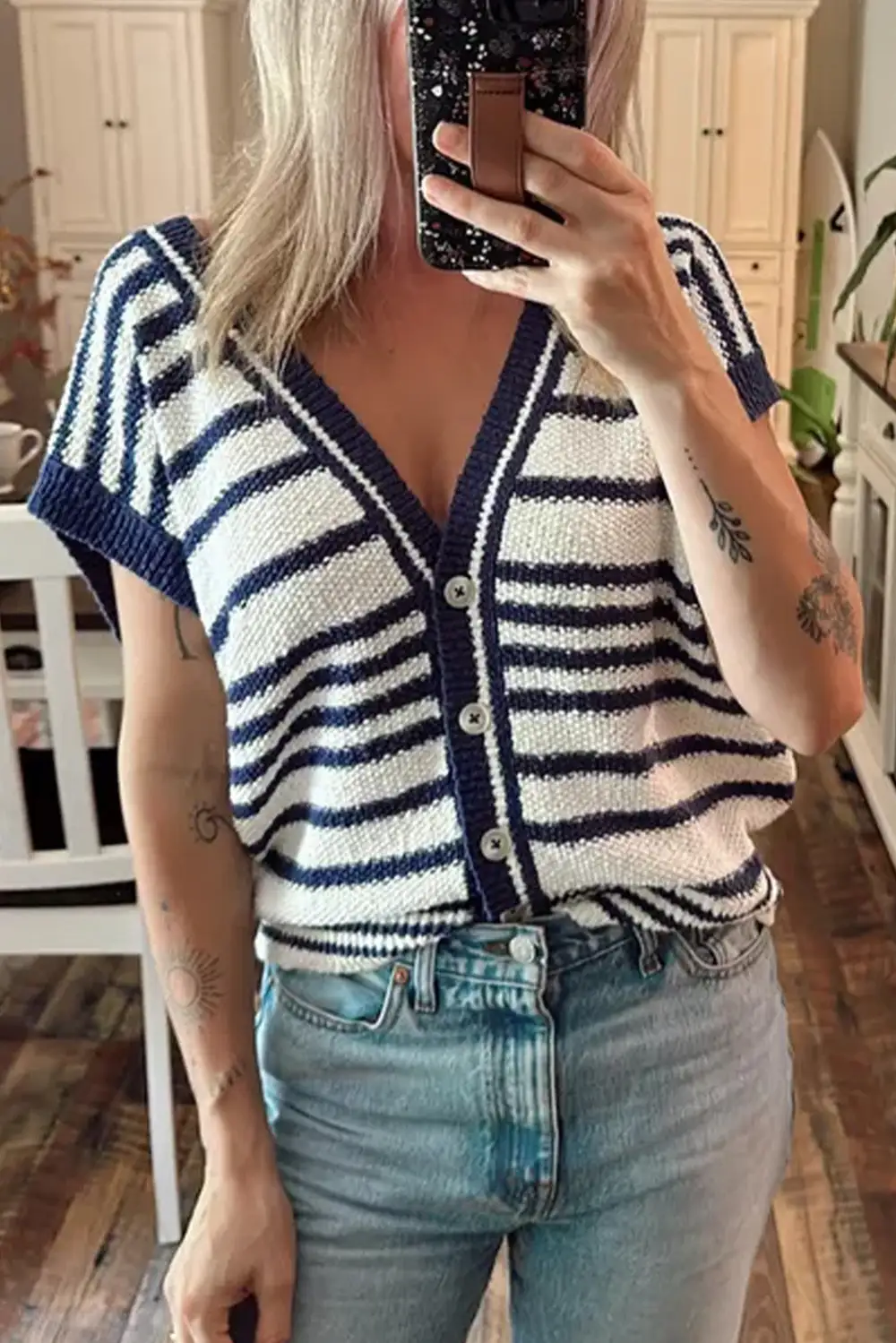 Stripe Relaxed Button V-Neck Sweater Vest