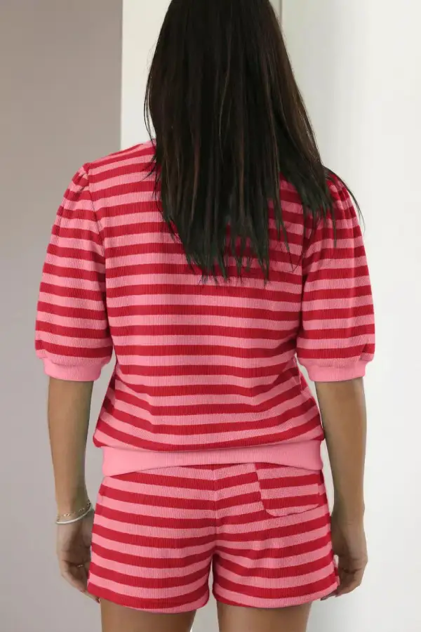Textured Striped Round Neck Top Shorts Set