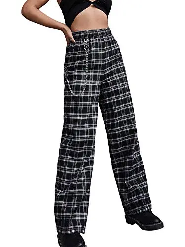 Women's Tartan Plaid Mid Waist Straight Pants