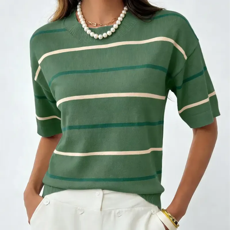 Women'S Short-Sleeved Striped Sweatshirt For Spring And Summer