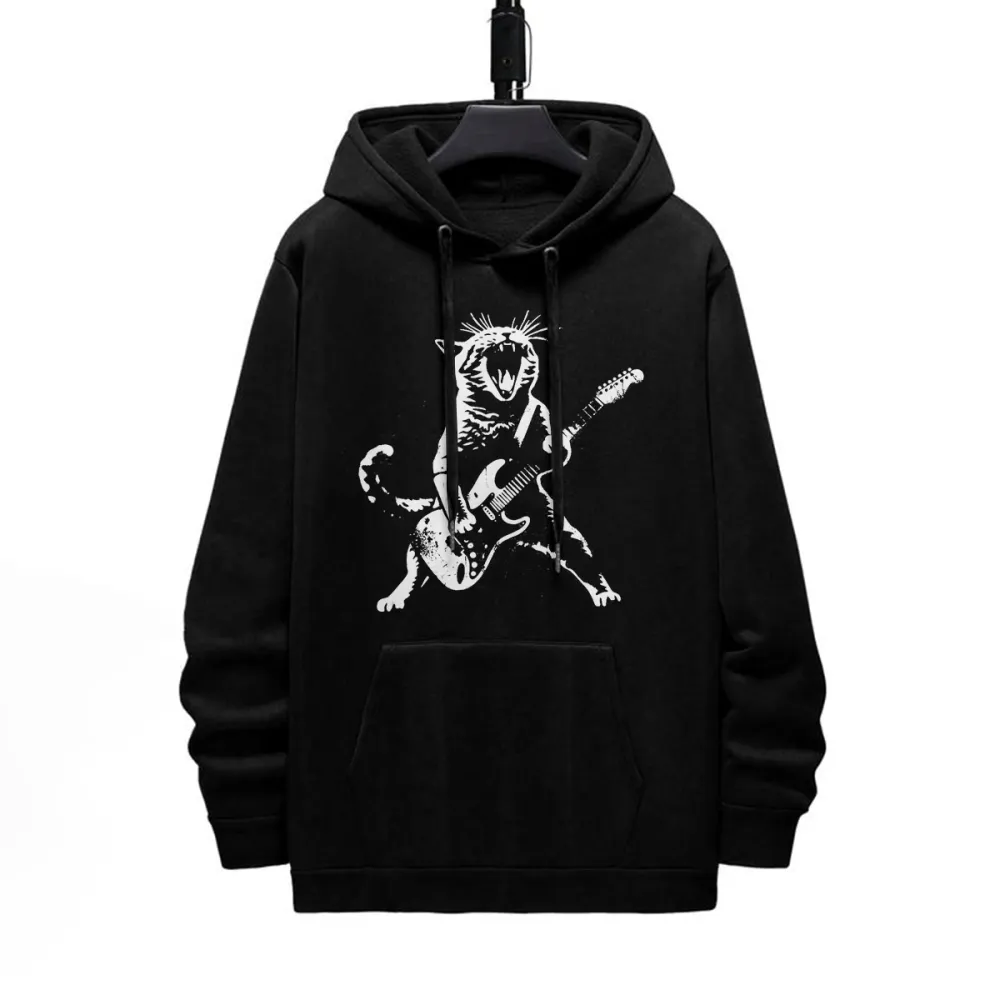 Cat Playing Guitar Pattern Printed Hoodie