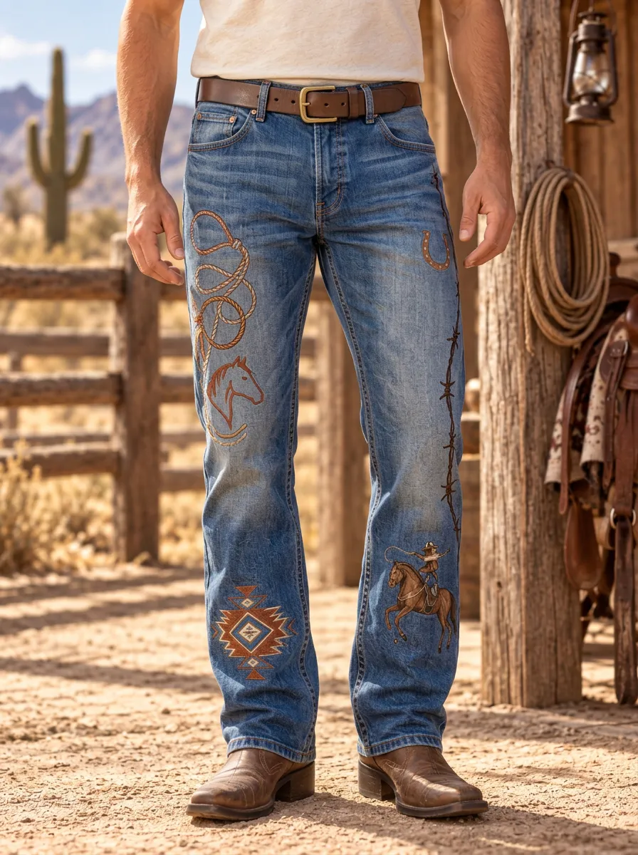 Men's Prairie Inspired Western Cowboy Horse Lasso Jeans