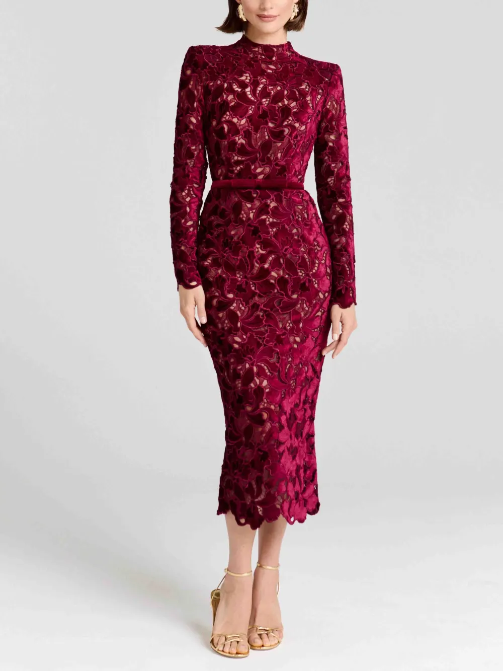 Elegant Embroidered Lace High Neck Midi Dress