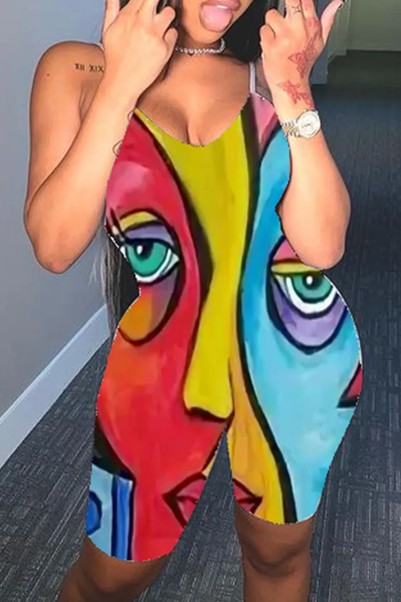 Sexy Print Split Joint V Neck Skinny Jumpsuits