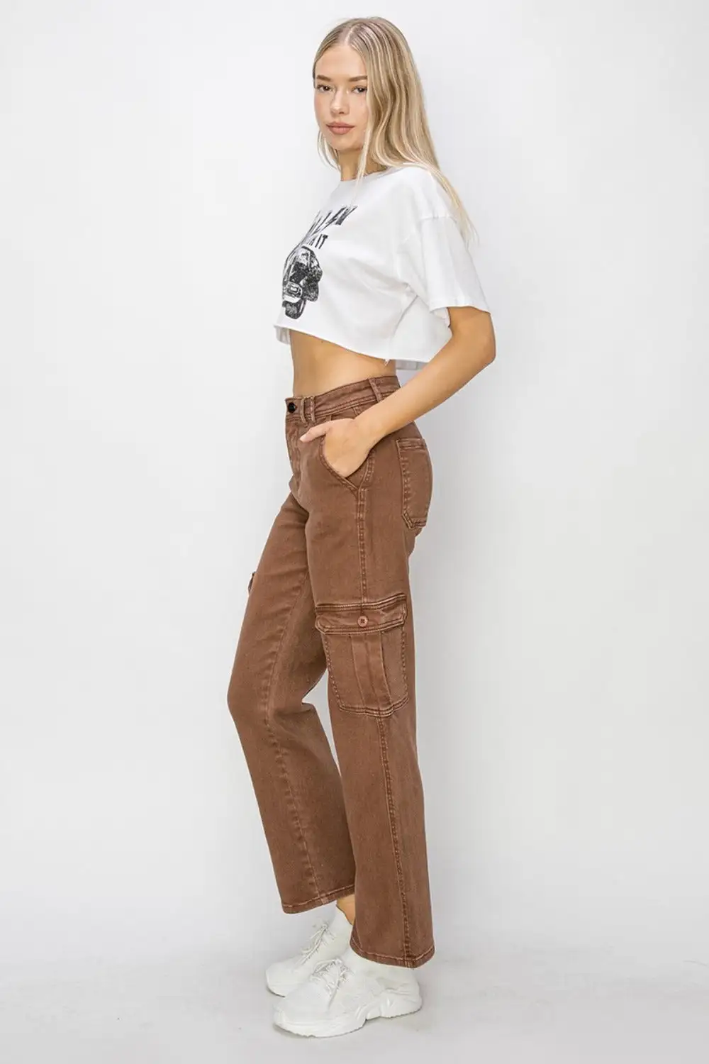 Textured High Waist Cargo Denim Jeans