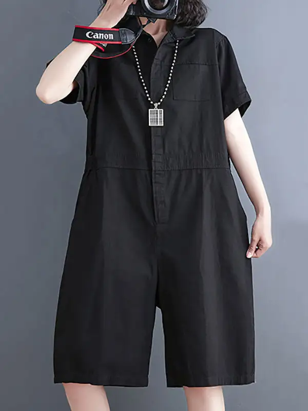 Eenvoudige Jumpsuits Met Effen Kleur En Revers Korte