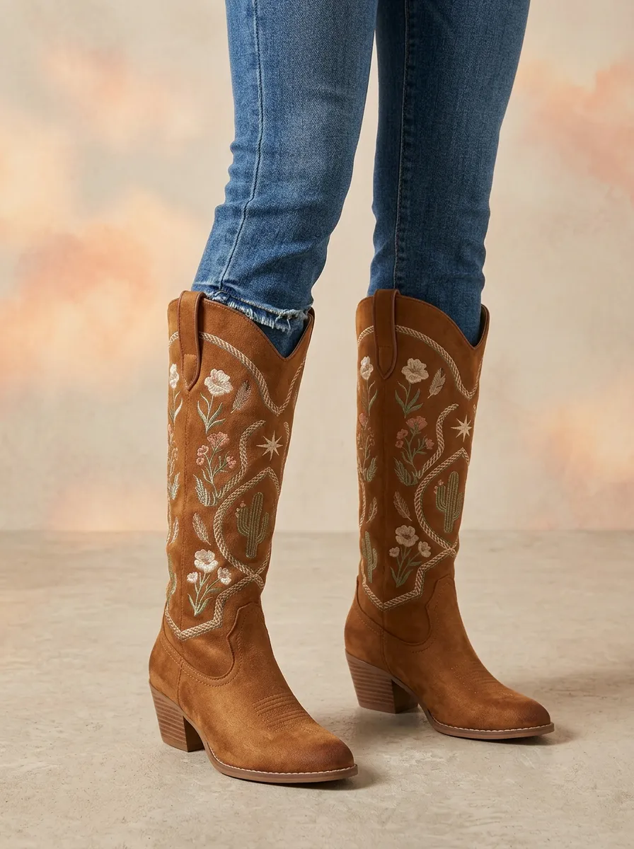 Women's Western Cactus Floral Moon Wing Embroidered Pointed-Toe Denim Over-the-Knee Boots