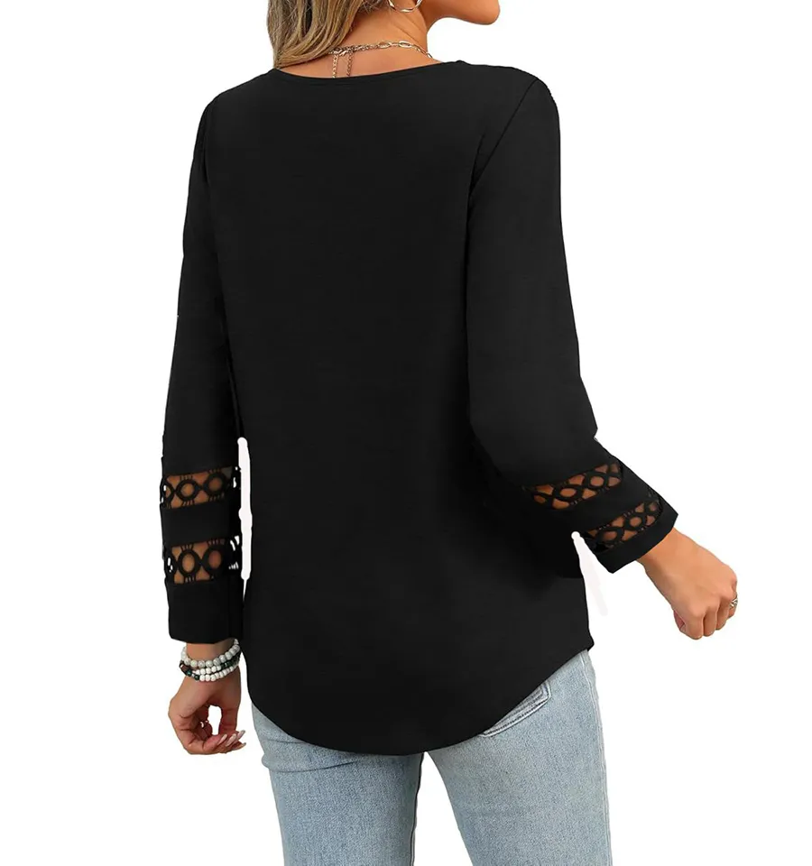 Long Sleeve Relaxed Cutout Panel Detail V-Neck T-Shirt
