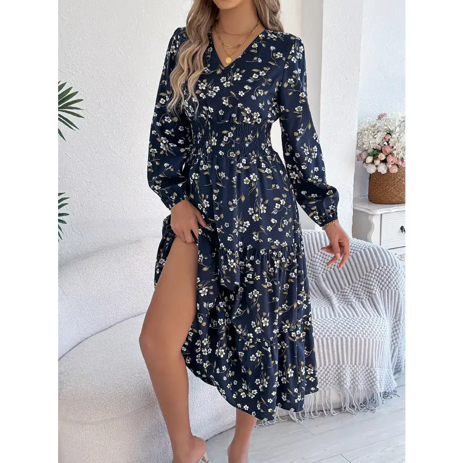 Floral Print Long Sleeve V Neck Midi Dress