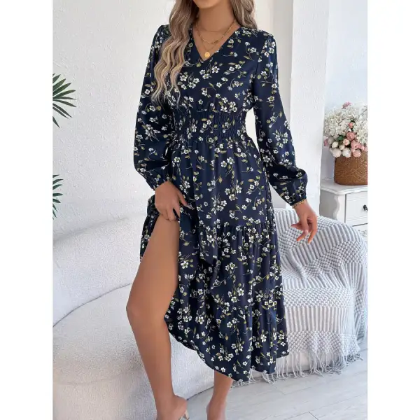 Floral Print Long Sleeve V Neck Midi Dress