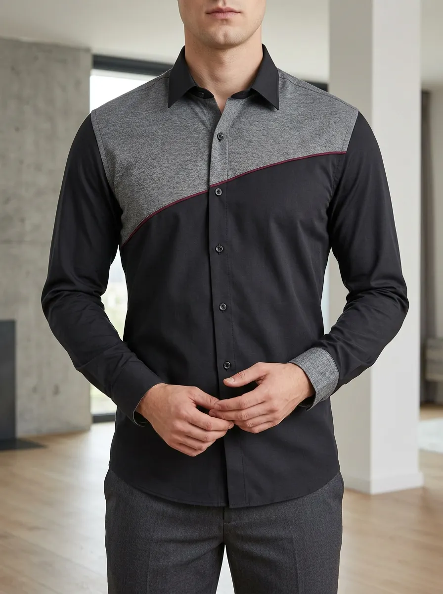 Men's Slim Fit Colorblock Grey Black Contrast Trim Long Sleeve Shirt