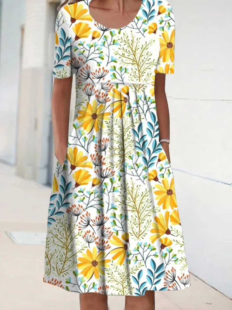 Round Neck Casual Floral Print Summer Short Sleeve Midi Dress