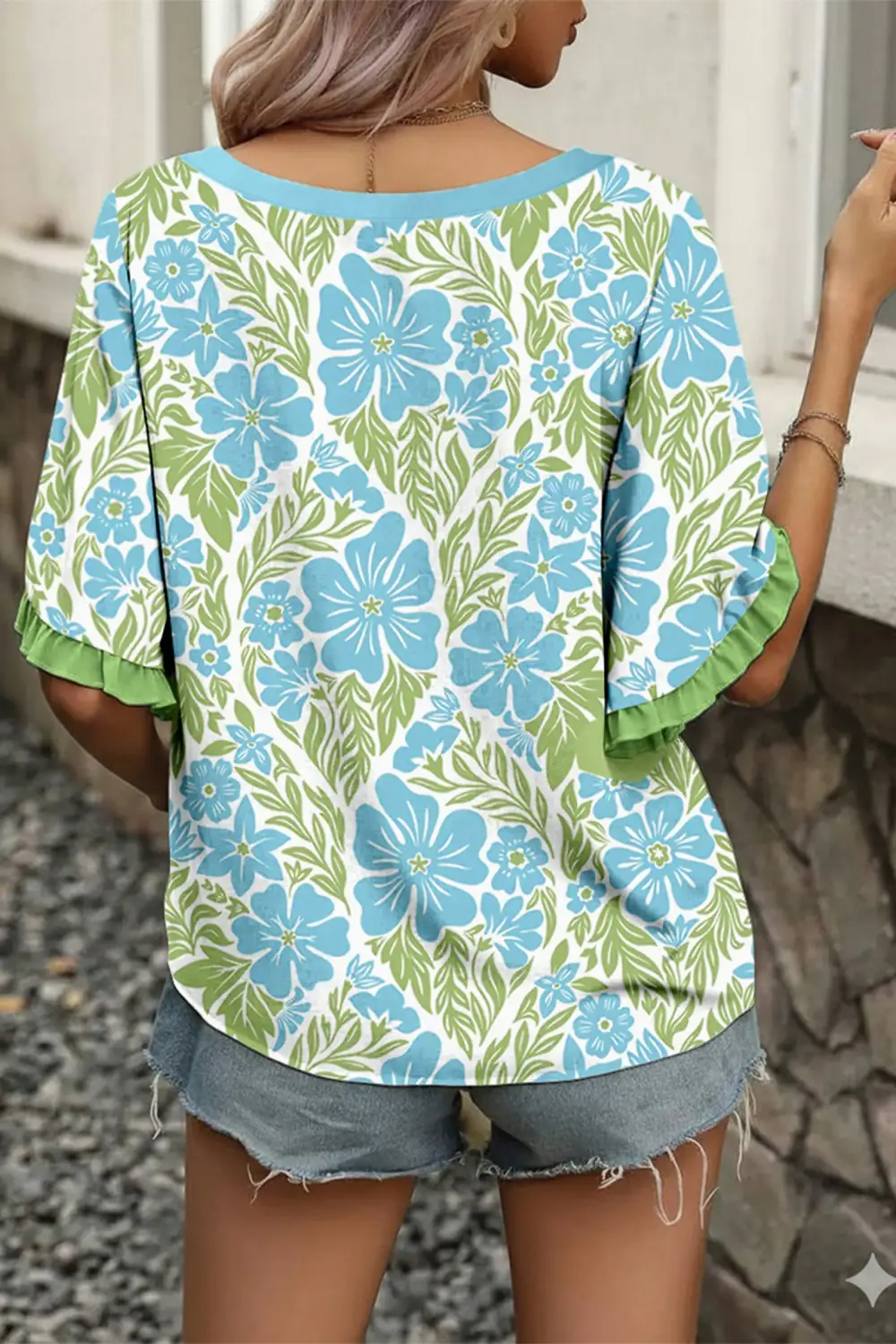Floral Ruffle Trim Half Sleeve Blouse