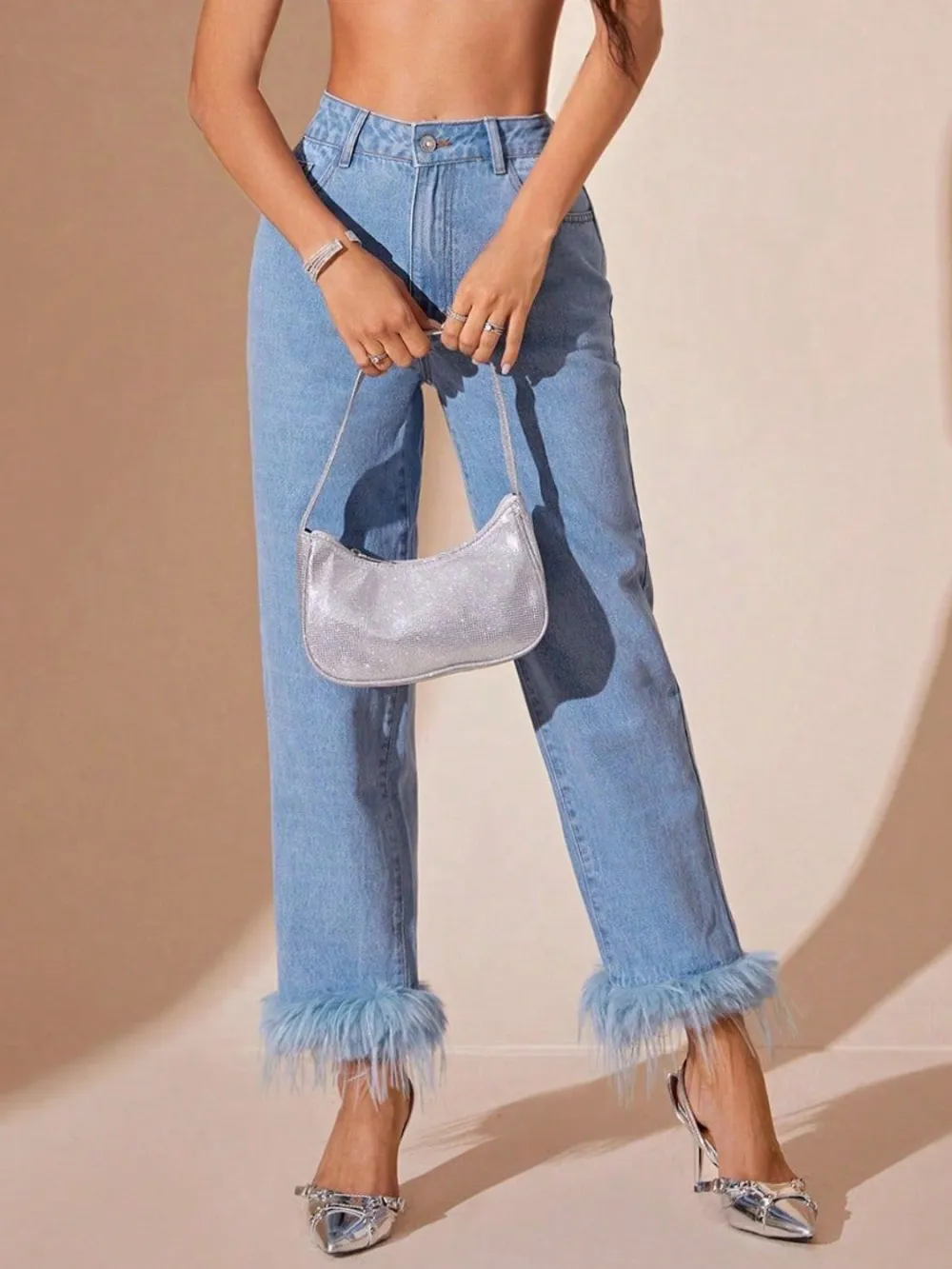 Plush Hem High Rise Straight Denim Jeans