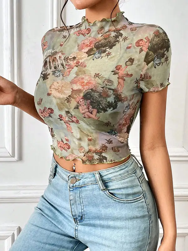 Short Sleeve Slim Fit Figure Floral Print Ruffle Trim Sheer Mock Neck T-Shirt