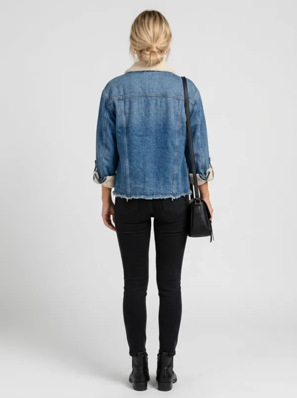 Women's Casual Vintage Frayed Hem Sherpa Lined Denim Jacket