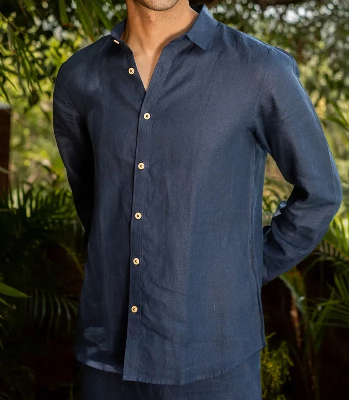 Navy Minimal Linen Button-Up Shirt