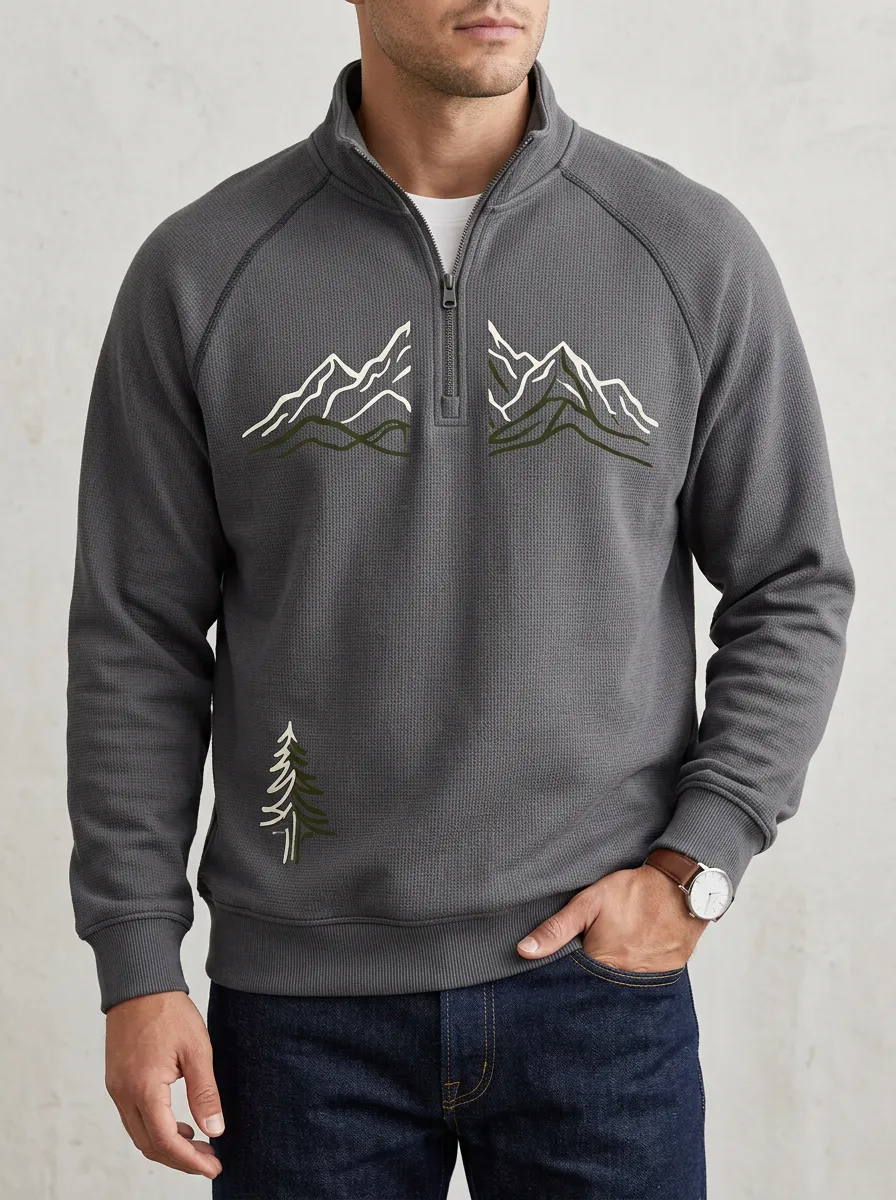 Men's Nature Mountain Pine Tree Graphic Quarter-Zip-Neck Sweatshirt