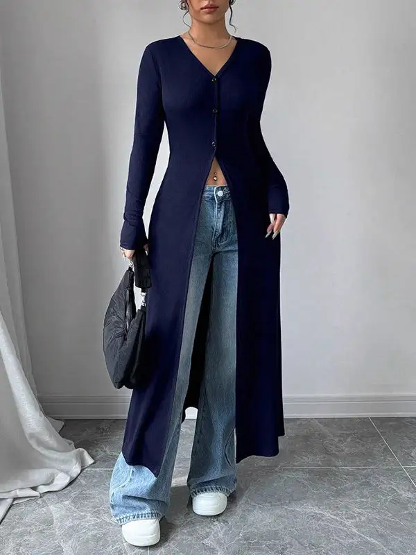 Long Sleeve Slim Fit Button Detail Front Slit V-Neck T-Shirt