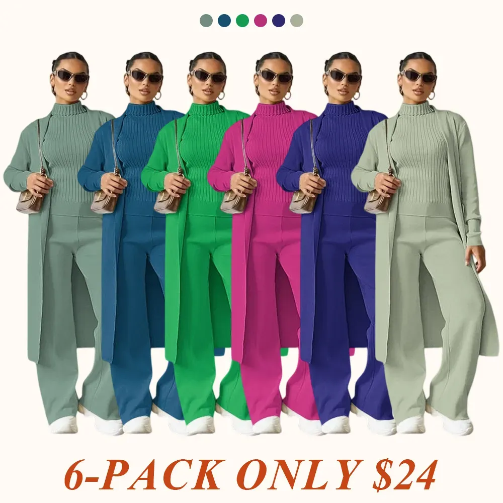 Trendy Knit Turtle Neck Tank & Wide Leg Trousers With Open-Front Long Cardigan Three-Piece Sets