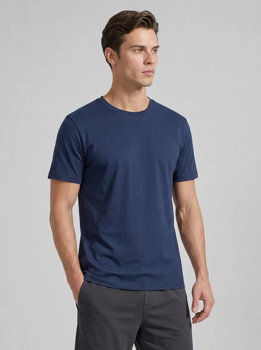 Men's Breathable Navy Blue Textured Pattern Printed T-shirt