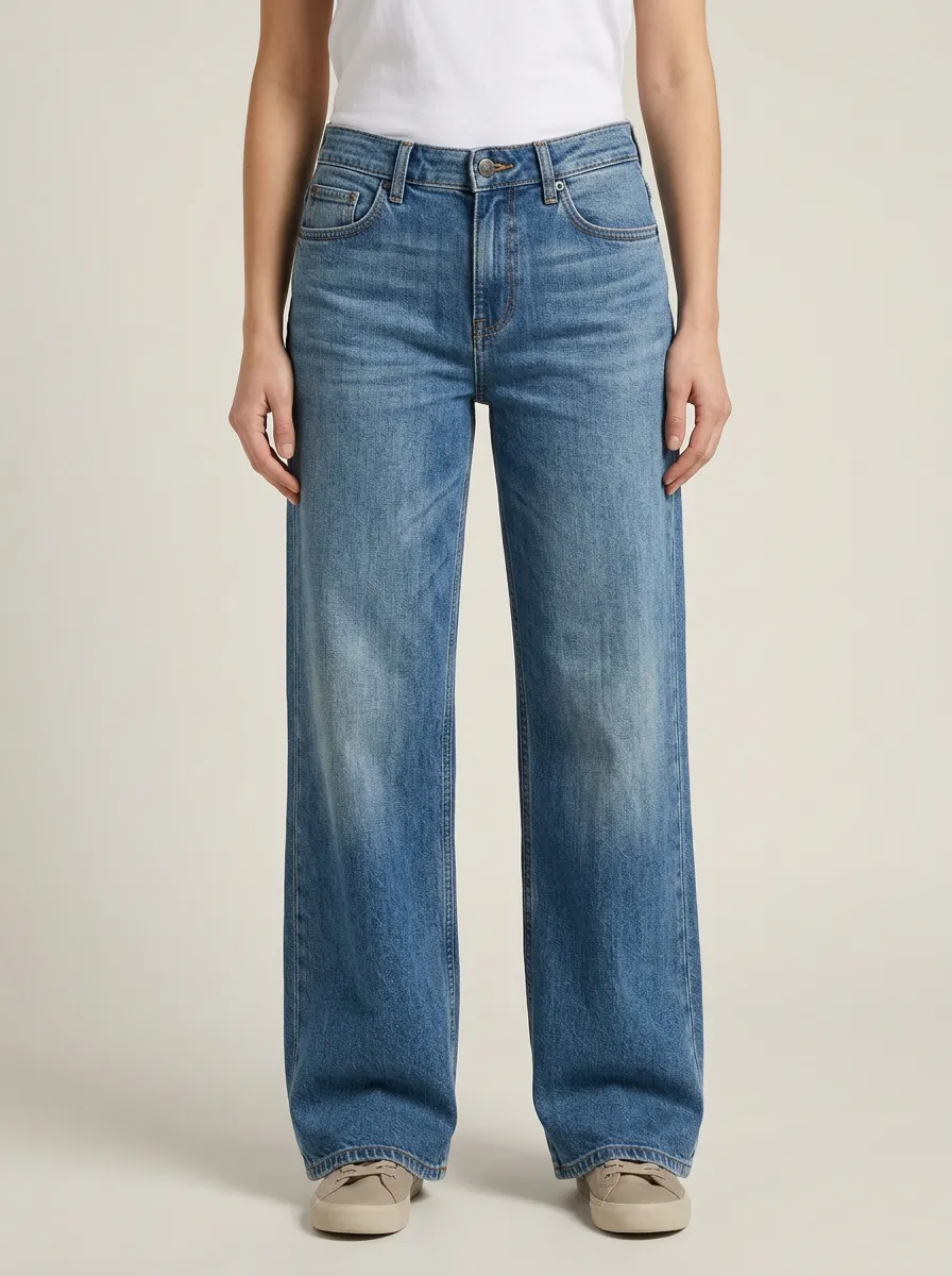 Women's Mid-Rise Contrast-Stitch Whiskered Wide-Leg Denim Jeans