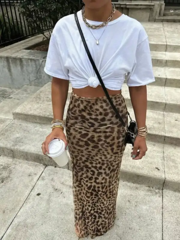 Leopard Print High Waisted Maxi Skirt