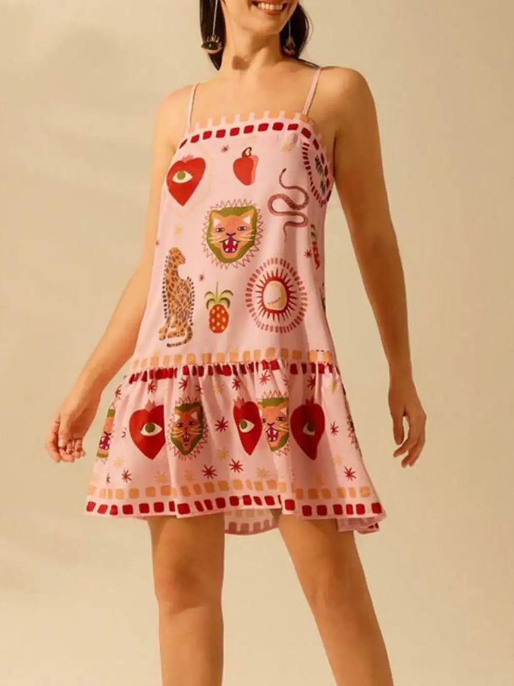 Textured Detail Printed Ruffle Mini Dress