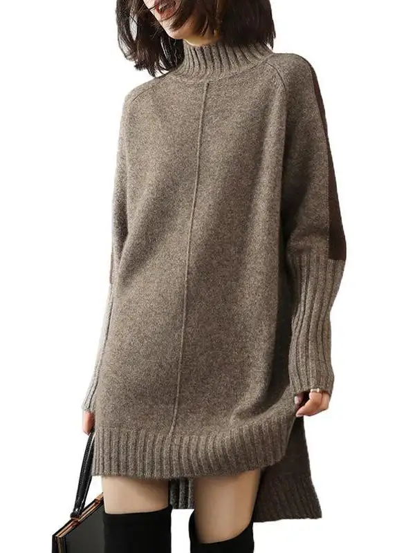 Relaxed Long Sleeve Contrast Color Half Turtleneck Sweater Dress