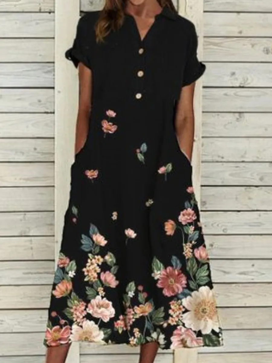 Casual Floral Print V-Neck Short Sleeve Midi Dress