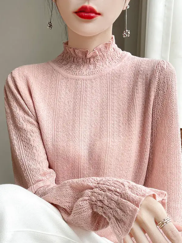 Long Sleeve Relaxed Elasticity Ruffle Trim Mock Neck T-Shirt