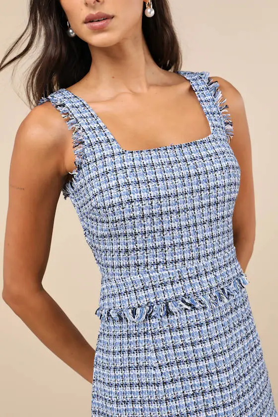 Adorably Luxurious Blue Tweed Raw Edge Sleeveless Mini Dress