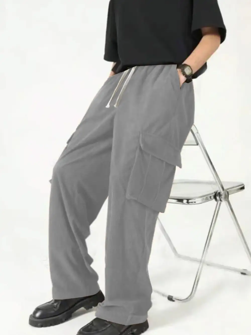 Men's Loose Wide Corduroy Cargo Pants Waistband Pockets