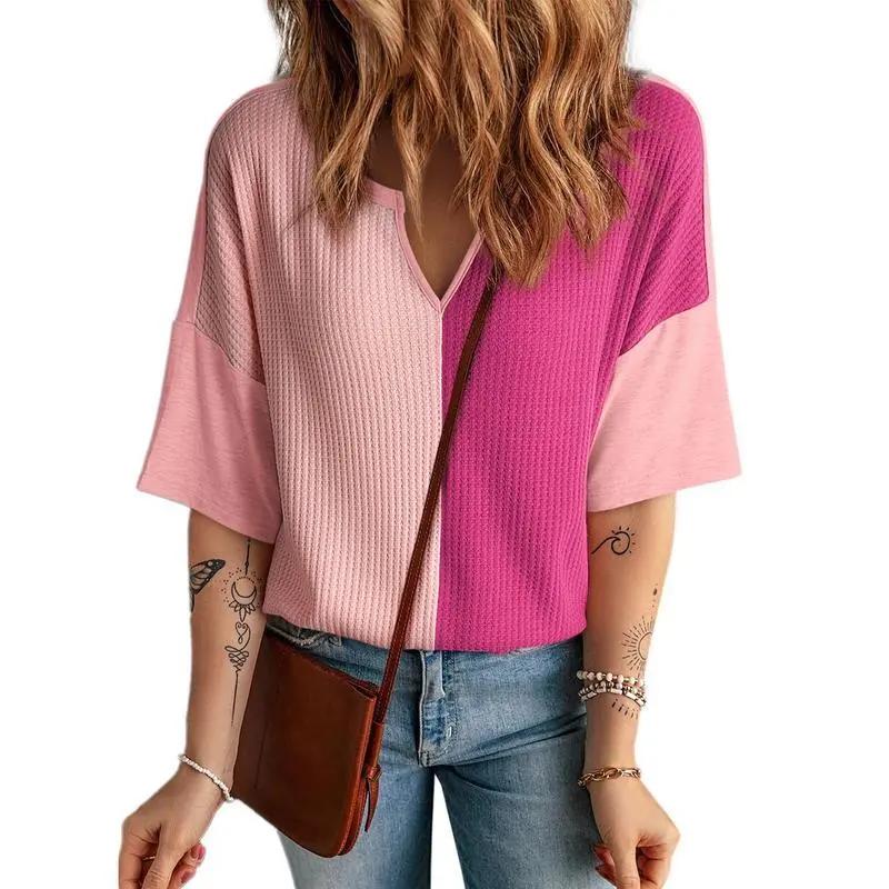 🔥Promotion Day Sale🔥Women's Waffle V-neck Colorblocked Half