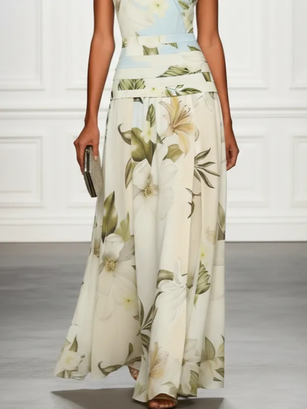 A Line Boat Neck Floral Maxi Dress